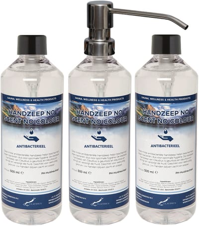Handzeep No Scent No Colour 500 ml - set van 3 stuks - met gratis RVS zilverkleurige pomp - Voordeelverpakking