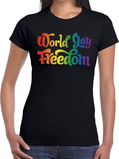 Gay pride World gay freedom t-shirt - zwart regenboog shirt voor dames - Gaypride XS