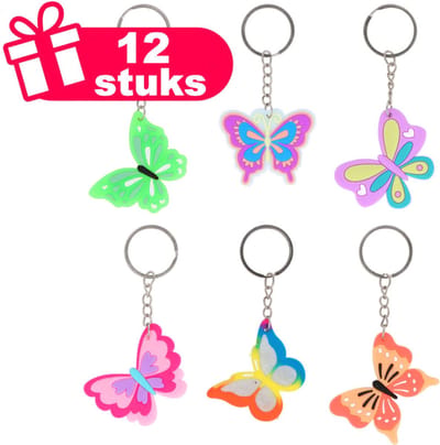 Henbrandt - 12 Stuks Vrolijk Gekleurde Vlinder Sleutelhangers - Mix kleuren - Traktatie uitdeelcadeautjes voor kinderen & peuters - Traktaties en kinderverjaardagen - Klein grabbelton speelgoed voor in traktatie uitdeelzakjes