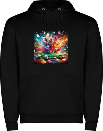 Zwarte unisex hoodie met “ Kleurrijke Speelkaarten – Poker – Harten – Schoppen – Klaver – Ruit “ Print Full Color merk Roly maat M