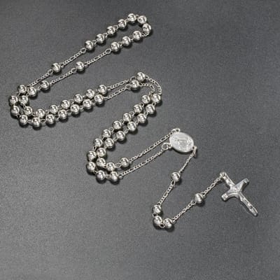 6MM Katholieke Rozenkrans Kettingen Voor Vrouwen Kruisbeeld Kruis Hanger Lange Gebeds kralen Ketting Mannen Religieuze Feest Sieraden Cadeau gray