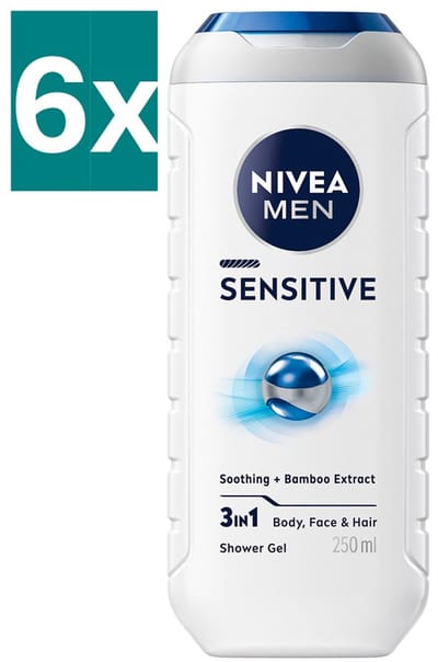 NIVEA MEN Sensitive Douchegel - 3-in-1 Shower Gel - Shampoo - Voordeelverpakking - 6 x 500 ml