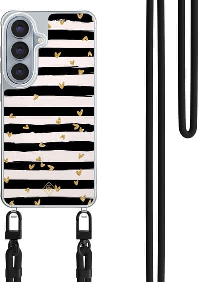 Casimoda® hoesje met zwart koord - Geschikt voor Samsung S26 - Hart Streepjes - Afneembaar koord - TPU/polycarbonaat - Zwart