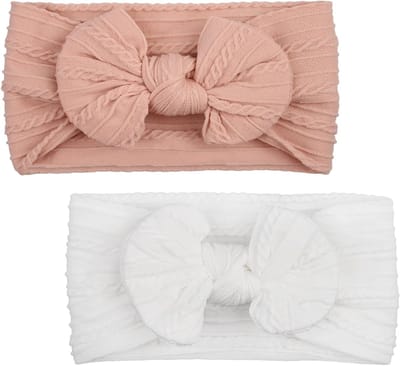 Set van 2 Babymeisjes Haarbanden met Elastische Strik en Turban - Fotografie Accessoires voor Kinderen in Wit en Roze