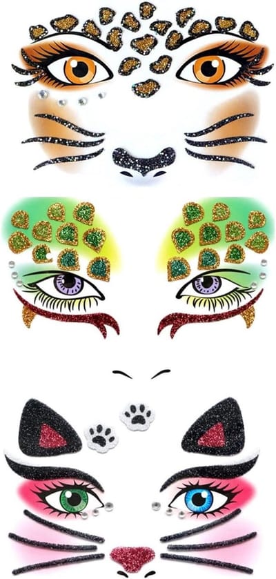 Allecto Plus - Tijdelijke gezichtstattoos voor huisdieren - Carnaval en verjaardagvieringen met glitter designs - 3 stuks
