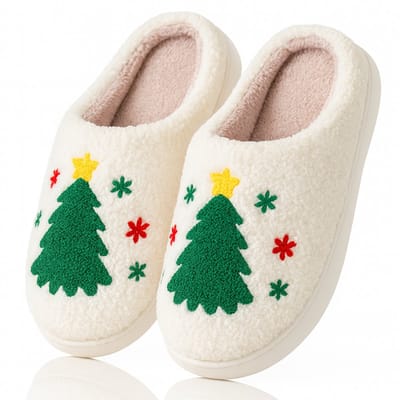 Twenty4seven® Kerstsloffen met Kerstboomdesign - Pantoffels Dames & Heren - Maat 39/40 - Warme Sloffen Kerst & Winter - Huisschoenen Wit