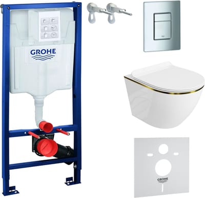 Inbouwreservoir Complete Toiletset Grohe Solido 39069000 - Inbouw WC Hangtoilet Wandcloset Sofi Slim Gold Line - Bedieningsplaat EVEN 4in1 Chroom - Voorwandelement - Installatiesysteem