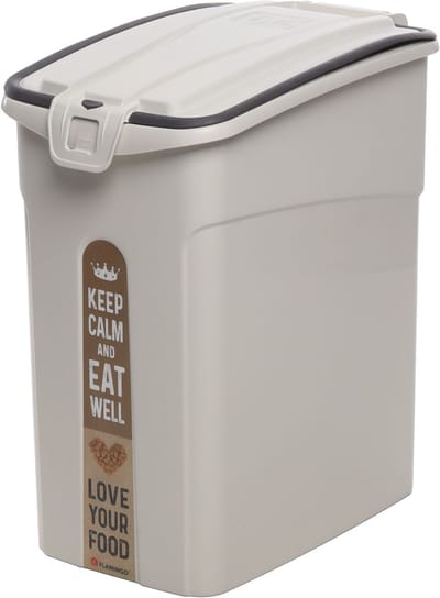 Voerton hond – 33L – Rechthoekig – Beige – Met handvat – Deksel met klepje dat vastklikt – Inclusief schepje – Kunststof – 26,5x42x46 cm – Flamingo Kolio