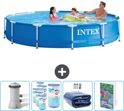 Intex Rond Frame Zwembad - 366 x 76 cm - Blauw - Inclusief Pomp Filters - Solarzeil - Zwembadgids