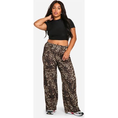 boohoo Dames Plus Leeuwpatroon Jersey Broek met Wijde Pijpen | Bruin | Maat: 44