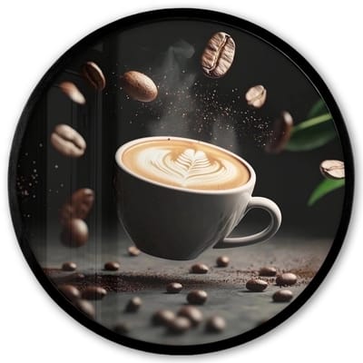 Poster in lijst Rond - Fotolijst 40x40 cm - Posters - Cappuccino - Kop - Bonen - Bruin - Ronde posterlijst zwart - Decoratie - Wanddecoratie woonkamer - Muurdecoratie slaapkamer