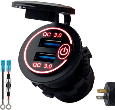 ProRide 12V USB Stopcontact 2 Poorten Inbouw met Schakelaar - QC3.0 - PUSB1QC-R - met Aansluitkabel 60cm en Glaszekering 10A - Rood