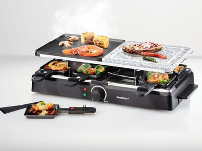 Silvercrest Kitchen Tools Raclette grill - 1300 watt - Gourmetstel - Grillen & Bakken - 8 personen - Steenplaat - Gladde-/geribbelde grillplaat