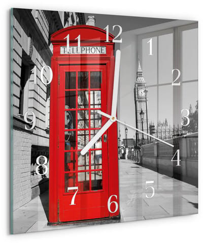 Tulup Wandklok - Rode telefooncel Glazen Klok Met Print - 30x30 cm - Rood Moderne Glazen Wandklok - Witte Handen - Vierkante Wandklok - Gekleurde Glazen Klok - Glazen Klok Met Print