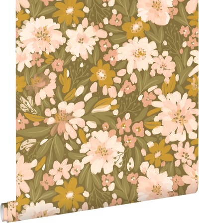 ESTAhome behang bloemen vergrijsd olijfgroen, licht roze en mosterdgeel - 50 x 900 cm - 130927