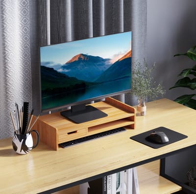 MIVRAY Monitorstandaard - Met Lade En Opbergvak Voor Een Opgeruimd Bureau - Bamboe Naturel - 49 x 25,5 x 11,5 cm