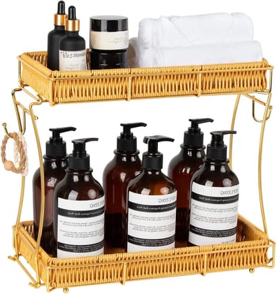 2-laagse Badkamer Organizer, Verwijderbare Make-up en Parfum Organizer, Rieten Stijl voor Dressing Table, Badkamer en Slaapkamer Opslag, Goudkleurig Design