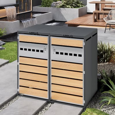 OKWISH Afvalcontainer Ombouw - Dubbel Vak Met Hydraulische Klapdeksel - Afsluitbaar Voor Tuin En Oprit - Staal Grijs Hout