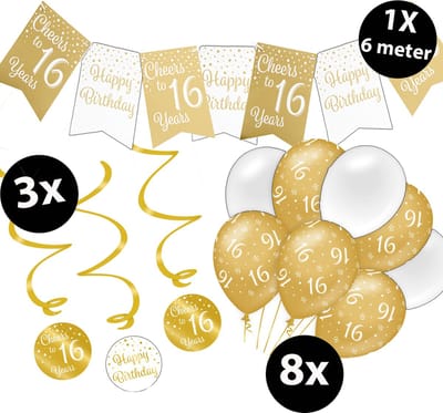 Verjaardag Versiering Pakket 16 jaar Wit en Goud - Ballonnen Goud & Wit (8 stuks) - Vlaggenlijn Goud en Wit 6 meter (1 stuks) - Vlaggenlijn gekleurd 16 jarige - Vlaggetjes Slinger Verjaardag 16 Birthday - Birthday Party Decoratie (16 Jaar)