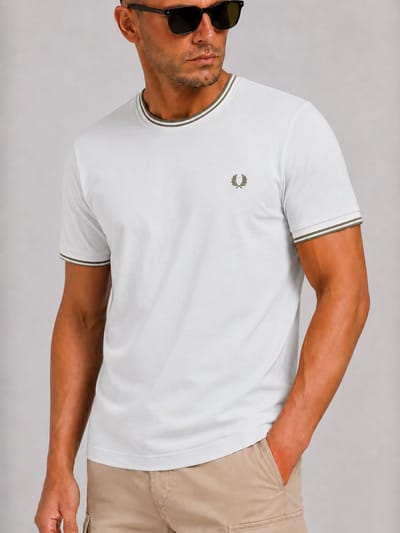 Fred Perry Twin tipped t-shirt - dusky blue ecru laurel wreath green