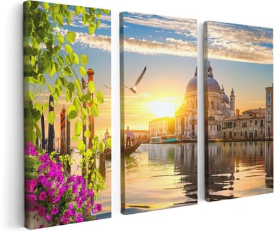 Artaza Canvas Schilderij Drieluik Kanaal in Venetië met Bloemen - 120x80 - Foto Op Canvas - Canvas Print