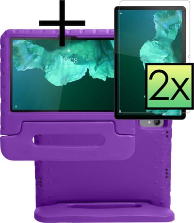 Hoes - Geschikt voor Lenovo Tab P11 - Met 2x Screenprotector - Kinderhoes Shockproof Bumper - Kidsproof Case - Tablet Hoesje - Kinder Cover - Paars