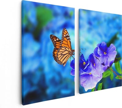 Artaza Canvas Schilderij Tweeluik Oranje Vlinder Bij Paarse Bloemen - 80x60 - Foto Op Canvas - Canvas Print