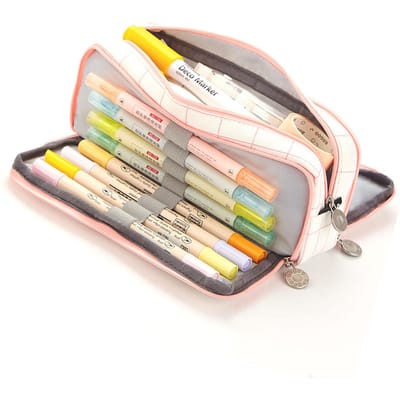 Trousse à crayons grande capacité multi-poches double ouverture sac à fournitures mignon pour étudiant école Rose Blanc Grande grille beige