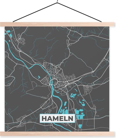 Posterhanger incl. Poster 40x40 cm - Schoolplaat - Stadskaart – Plattegrond – Duitsland – Blauw – Hameln – Kaart - Textielposter - Blanke latten - Stadskaart