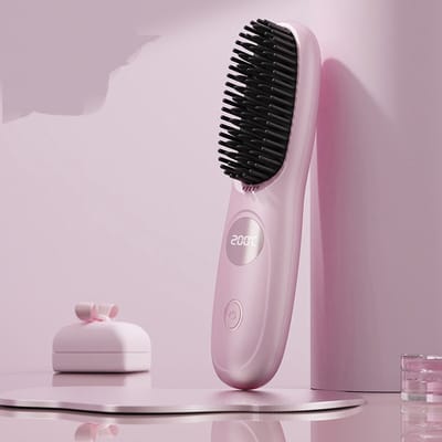 Draadloze rechte haarborstel, instelbare temperatuur, snel opwarmende draadloze mini haarborstel, met LCD-temperatuurweergave, draagbare USB-oplaadbare stijltang, geschikt voor reizen, roze