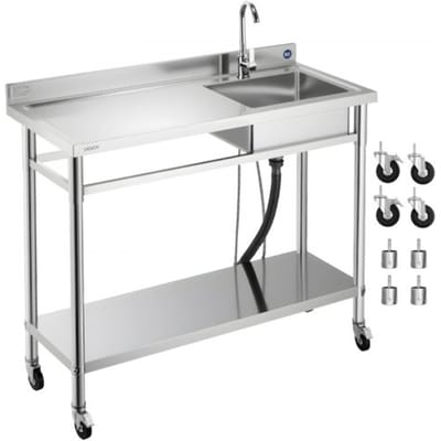 VEVOR RVS spoelbak (1200 x 500 x 1055 mm), enkele kom met kraan en wielen, keukenspoelbak voor garage, restaurant, wasruimte, buitenwasbak met werkblad (links)