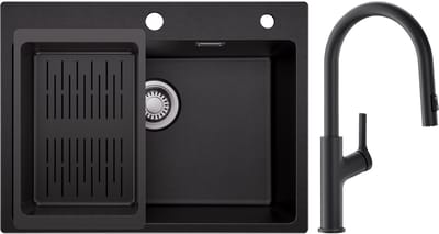 Sofetiy Max spoelbak Keuken 60x45cm Antraciet - Granieten spoelbak Met U-Uitloop Keukenkraan - Spoelbakken met afdruip - Enkele spoelbak Met Afdruiprek - Antraciet