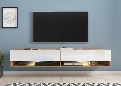 Modern TV-meubel A180 - 180 cm breed - Wotan Eiken & Wit Hoogglans - Inclusief LED - Zwevend of Staand