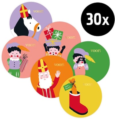 30x Sticker Sint En Piet Cartoon Etiketten - Kleuren Mix - Goudfolie - Naametiketten - Sinterklaas Naam Stickers - Pakjesavond - Cadeau - Leuk Inpakken - Sticker - 6 Designs - 50mm - 30 Stuks