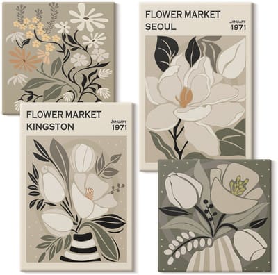 Wallfluent Set van canvas schilderijen - Kingston Seoul Bloemen Retro Stijl Illustraties Canvas Schilderijen Set - Set van 4 Canvas Schilderijen - Groente Set van Canvas Prints - Natuur Canvas Kunst Set - Boheemse Canvas Kunst Set