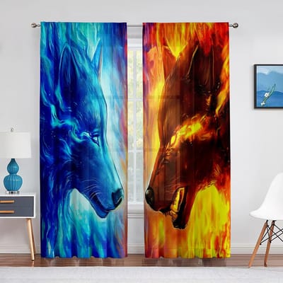 Wolf Transparante Voile Gordijn IJs Vuur Wolven Kijken Elkaar Aan Raam Tule Gordijnen voor Woonkamer Slaapkamer Keuken Decoratie Draperieën 1 PCS W100XH250cm&Grommet Top