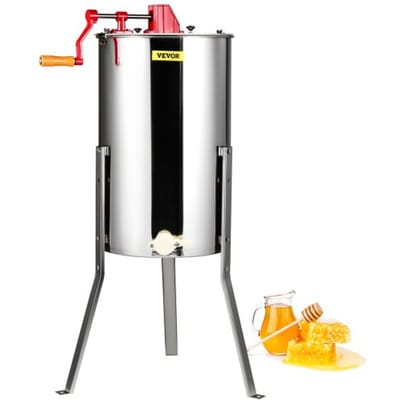 VEVOR Handmatige honingextractor Tangentiële extractor Roestvrijstalen honingextractor met 3 frames 45 mm honingklep Diagonale extractor 48x16/23 cm honingraatformaat Transparant deksel Bijenhouderij Accessoires voor imkers