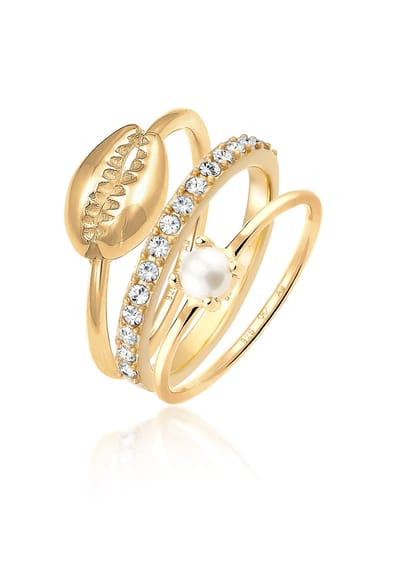 Elli - Ring - Dames Stacking Shell Set met zoetwater gekweekte parels en kristallen in 925 sterling zilver verguld - Dames