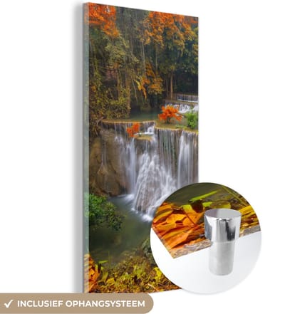 MuchoWow® Glasschilderij 20x40 cm - Schilderij acrylglas - Bomen - Waterval - Herfst - Foto op glas - Schilderijen
