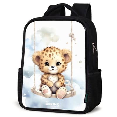NoBoringSuitcases.com® - Rugzak zwart - Schooltas jongen & meisje - Cheeta welpje op een schommel in de wolken - Rugtas voor school - Boekentas kind - Schoolrugzak - Kinderrugzak