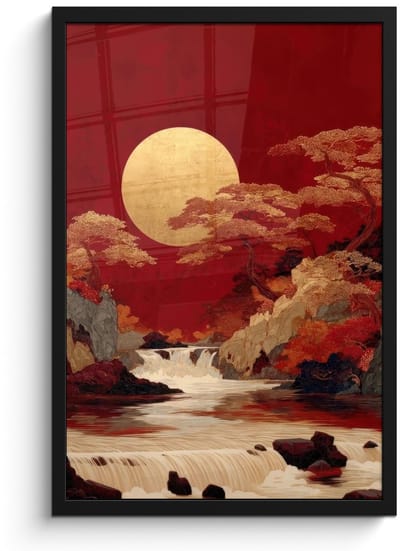 Poster in lijst - Fotolijst 40x60 cm - Posters - Volle maan - Landschap - Waterval - Posterlijst zwart - Decoratie - Wanddecoratie woonkamer - Muurdecoratie slaapkamer