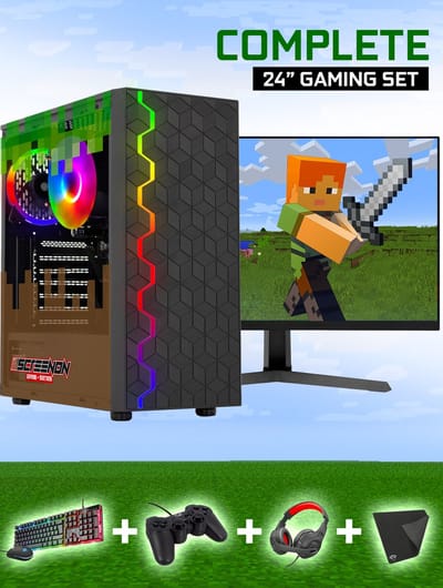 ScreenON - Minecraft Edition Gaming Set - V1 (GamePC + 24 Inch Monitor + Toetsenbord + Muis + Controller + Headset + Muismat) inclusief WiFi & Bluetooth!