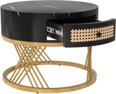 2-in-1 Ronde Salontafel Set – MDF met Marmeren Blad, Rattan Lades, Massief Houten Handgrepen & Gouden Metalen Poten – 70x70x45,5 + 50x50x38,5 cm