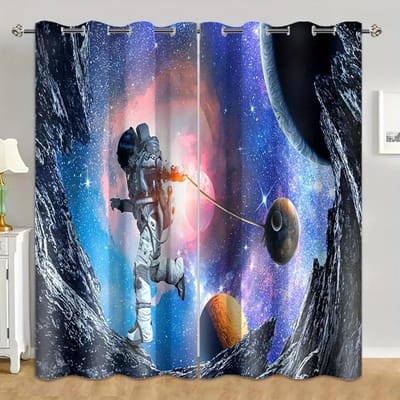 Rideaux à deux panneaux, motif astronaute, espace, univers, ciel étoilé, galaxie interstellaire, colorés, à œillets pour tringle, pour salon, bureau ou maison. (50Wx50H)x2(CM)&Grommet Top blue