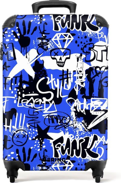 NoBoringSuitcases.com® - Handbagage koffer lichtgewicht - Reiskoffer trolley - Zwarte en witte graffiti op blauwe achtergrond - Rolkoffer met wieltjes - Past binnen 55x40x20 en 55x35x25
