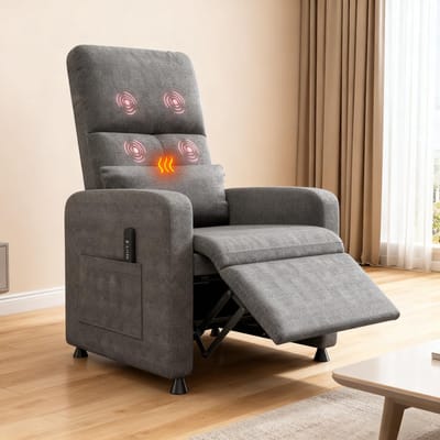 Relaxstoel Massagestoel Elektrisch, Verstelbare TV Fauteuil met Ligfunctie, Massage en Verwarming, Enkel Zitbank, Voor Woonkamer, Slaapkamer, Leeshoek, Grijs