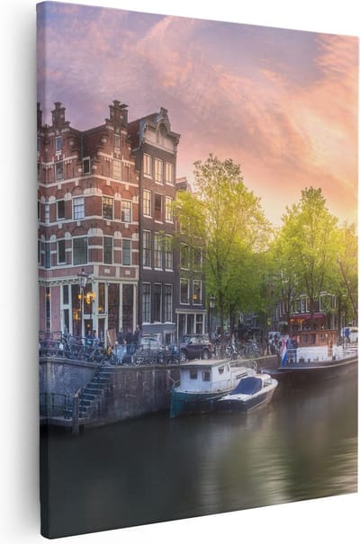 Artaza Canvas Schilderij Amsterdam - 80x100 cm - Groot - Wanddecoratie Grachten - Muurdecoratie Zonsondergang - Schilderijen Op Canvas Skyline