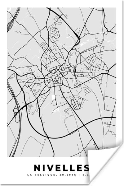 Poster Stadskaart – Zwart Wit - Kaart – Nivelles – België – Plattegrond - 120x180 cm XXL