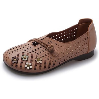 Comfortabele lederen handgemaakte schoenen Platte hakken Schoenen met zachte zolen Vrouwelijke windtunnel holle sandalen Dames casual platte schoenen 40 bruin