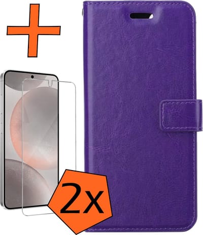 Hoes - Met 2x Screenprotector - Geschikt voor Samsung Galaxy S24 - Luxe Pasjeshouder - Bookcase Portemonee - Flip Case - Kunstleer Book Case - Flipcase Hoes - Book Cover - Walletcase - PortemonneeHoes - Paars